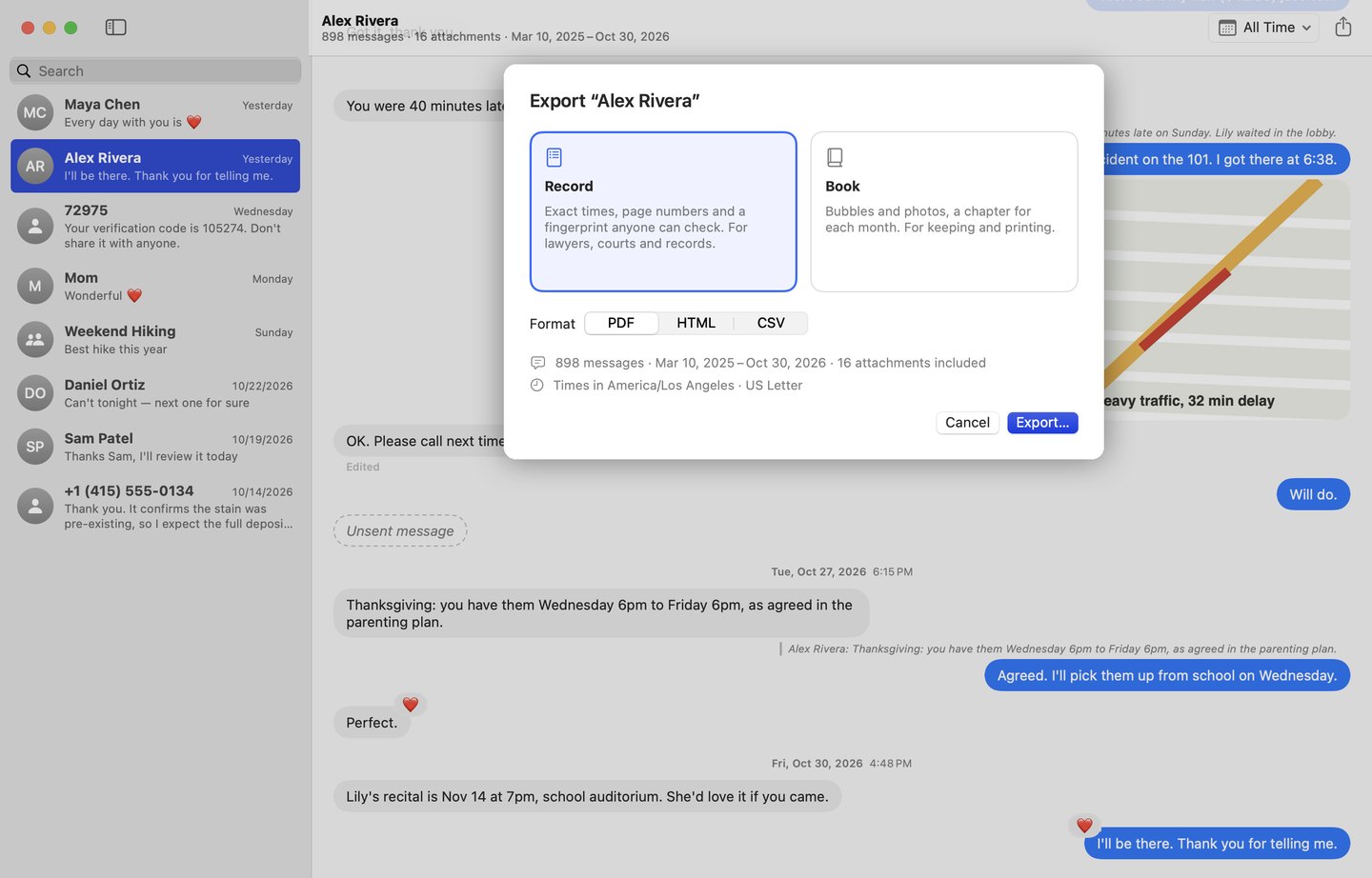Textbound: a conversation on the left, the export window with the Record layout chosen